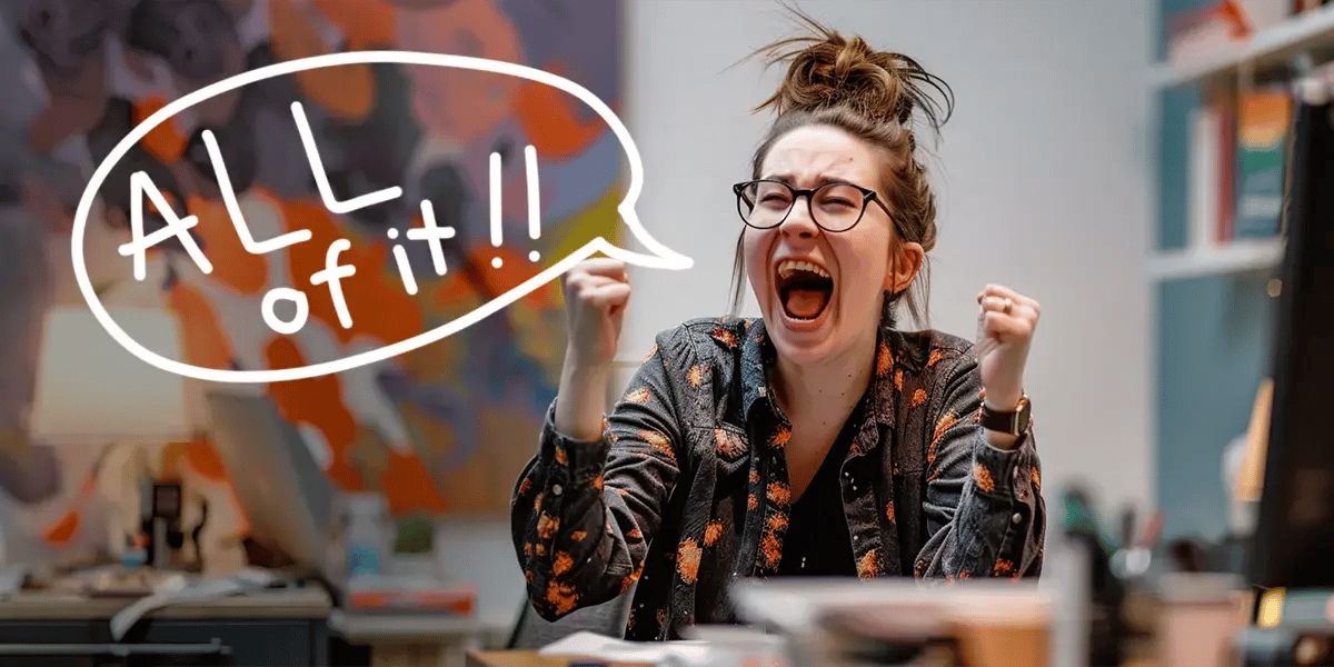 Happy woman at desk shouting
