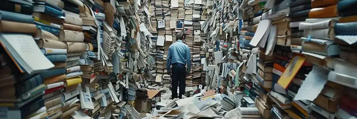 Man surrounded by stacks of messy papers and books everywhere