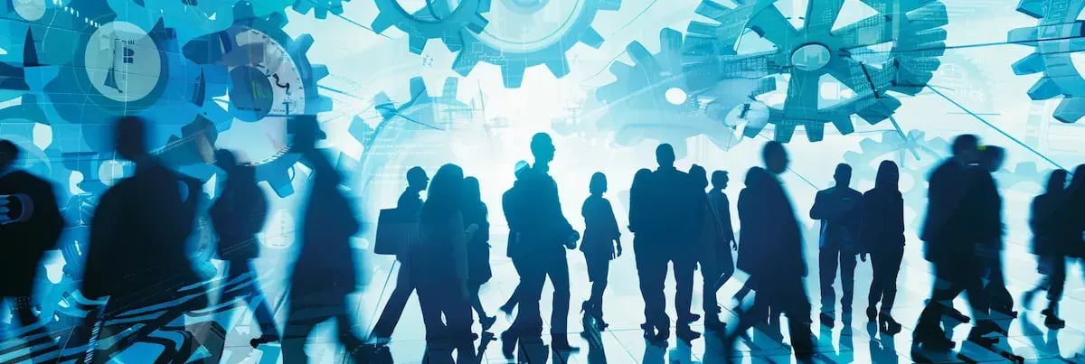 abstract image showing people walking with blue gears floating around
