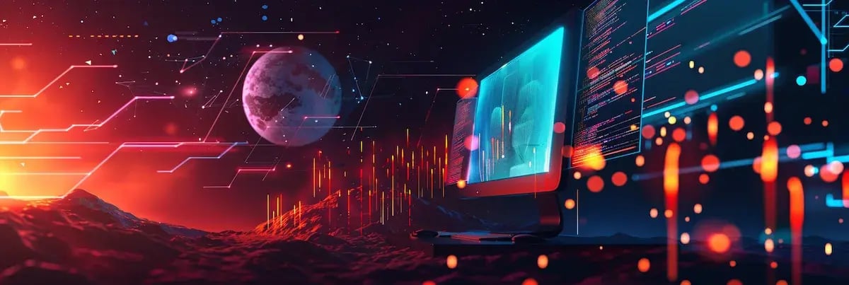 abstract image with a grey planet and computer screen