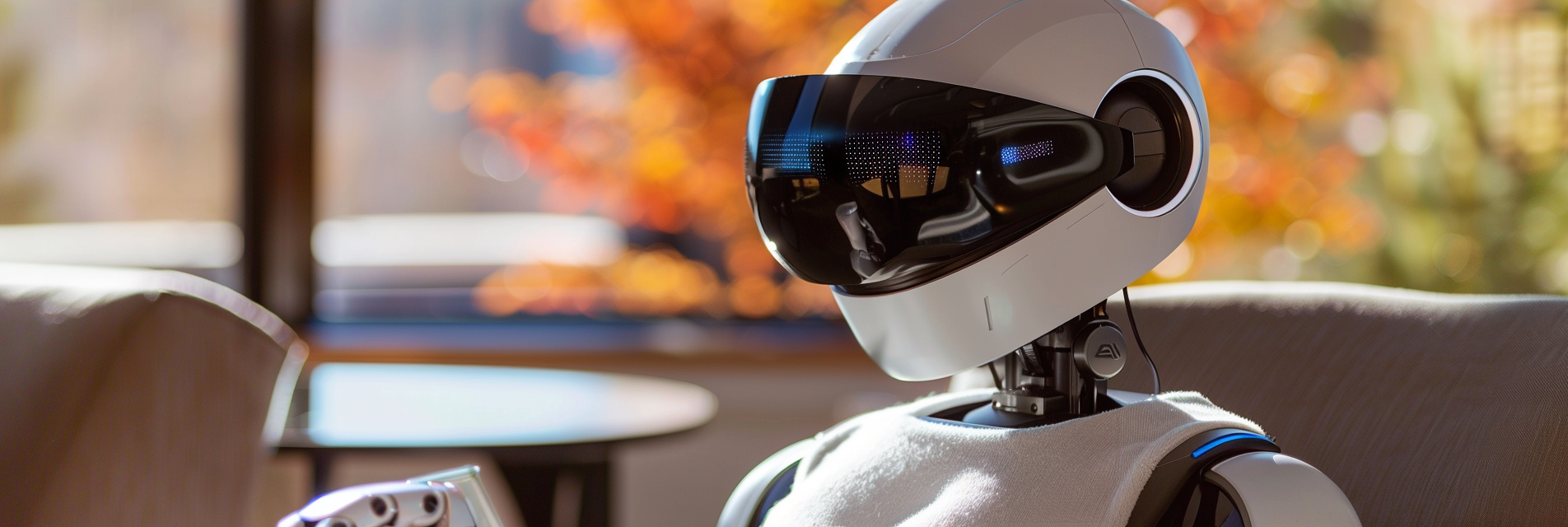 robot sitting in a sunny room with autumn trees outside the window.