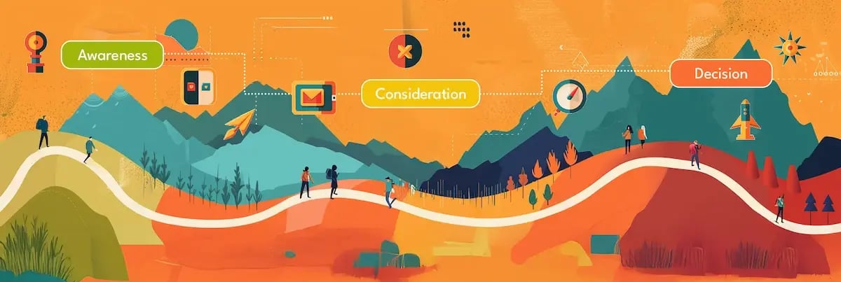 buyers journey infographic. buyers travel along a road with three stops. the first stop is awareness, the second stop is consideration, and the third stop is decision.