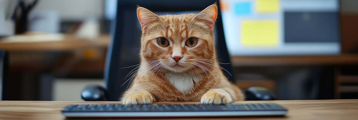 a cat working in an office