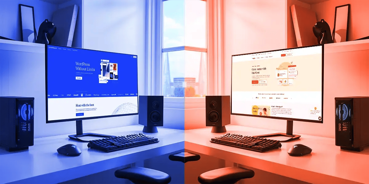 computers mirrored. on the left is a blue screen and on the right is an orange screen.