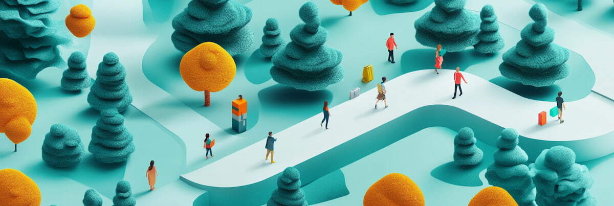 several colorful pathways. people walk through these pathways at different paces and facing different directions, representing unique customer journeys.