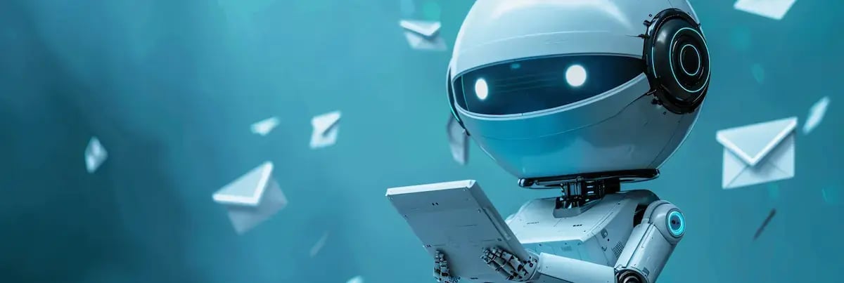cute white shiny robot holding tablet with envelopes floating in background