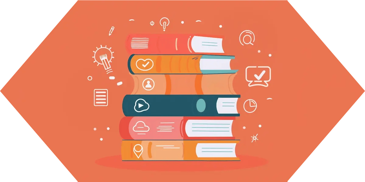 flat vector graphic of books with business-related iconography on and around them