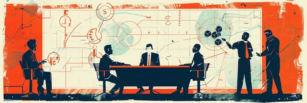 illustration of businessmen reviewing charts and graphs in a conference room