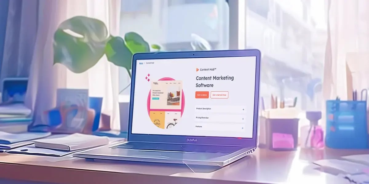 laptop with hubspot content hub product page on screen in sunny home office