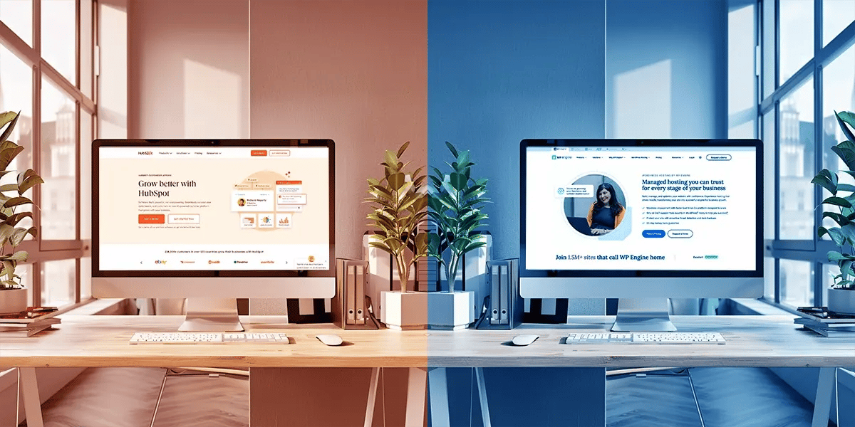 side by side mirrored desktop computers with hubspot and wordpress on each screen