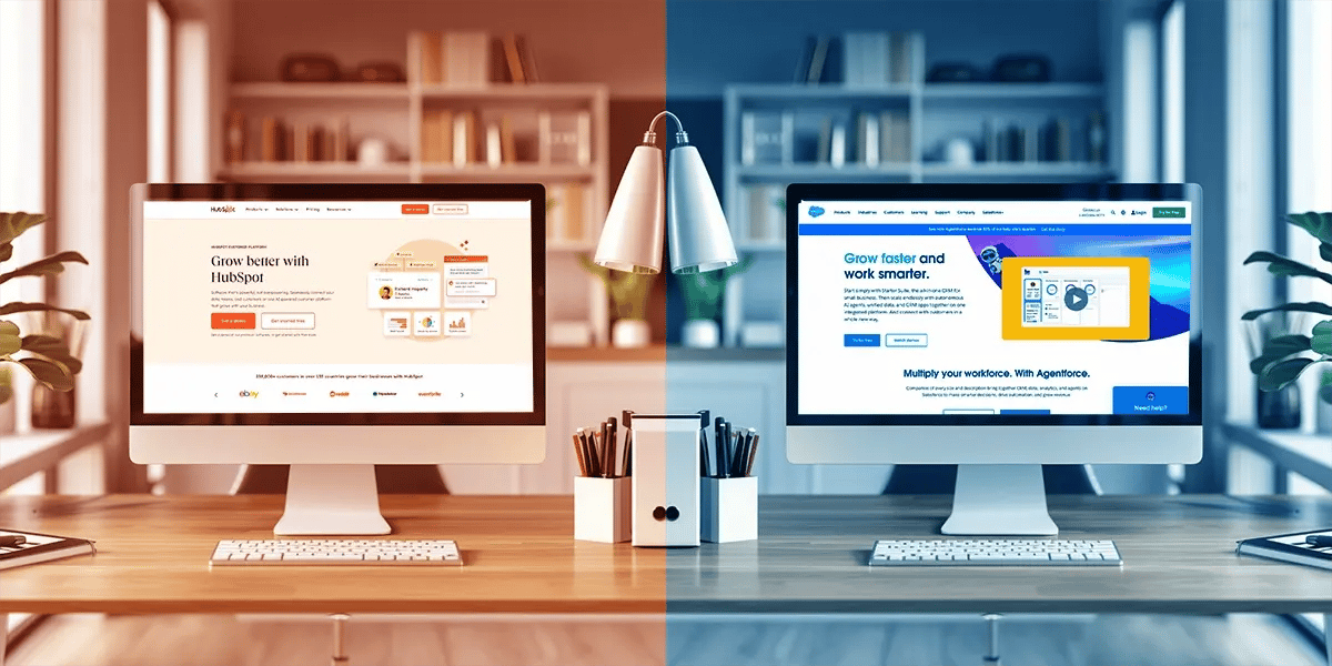 side by side mirrored image of two desktop computers one with hubspot and one with saleforce