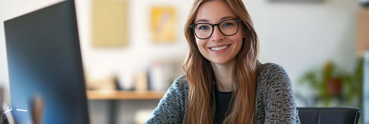 a smiling woman sitting at a computer
