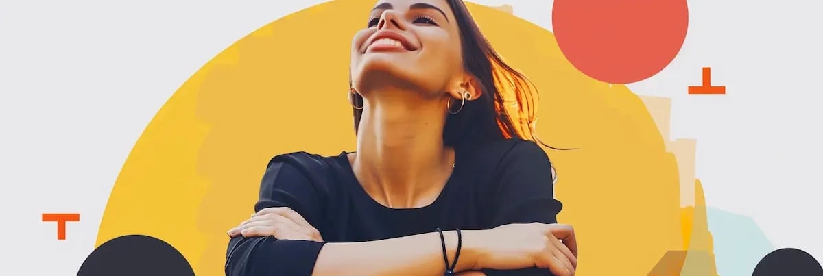 smiling woman with abstract shapes behind her