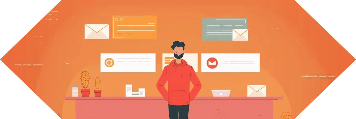 vector style graphic with envelopes and guy on orange background
