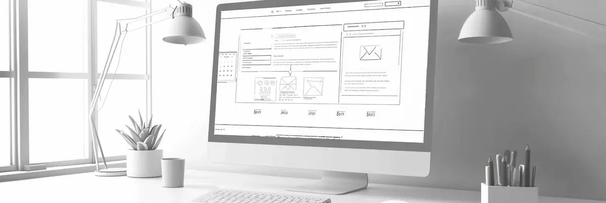 white desktop computer with wireframes on screen in white room