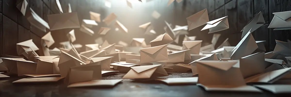 white envelopes floating in a concrete room