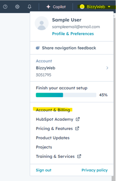 a screenshot showcasing how to get to the "account &amp; billing" page of HubSpot