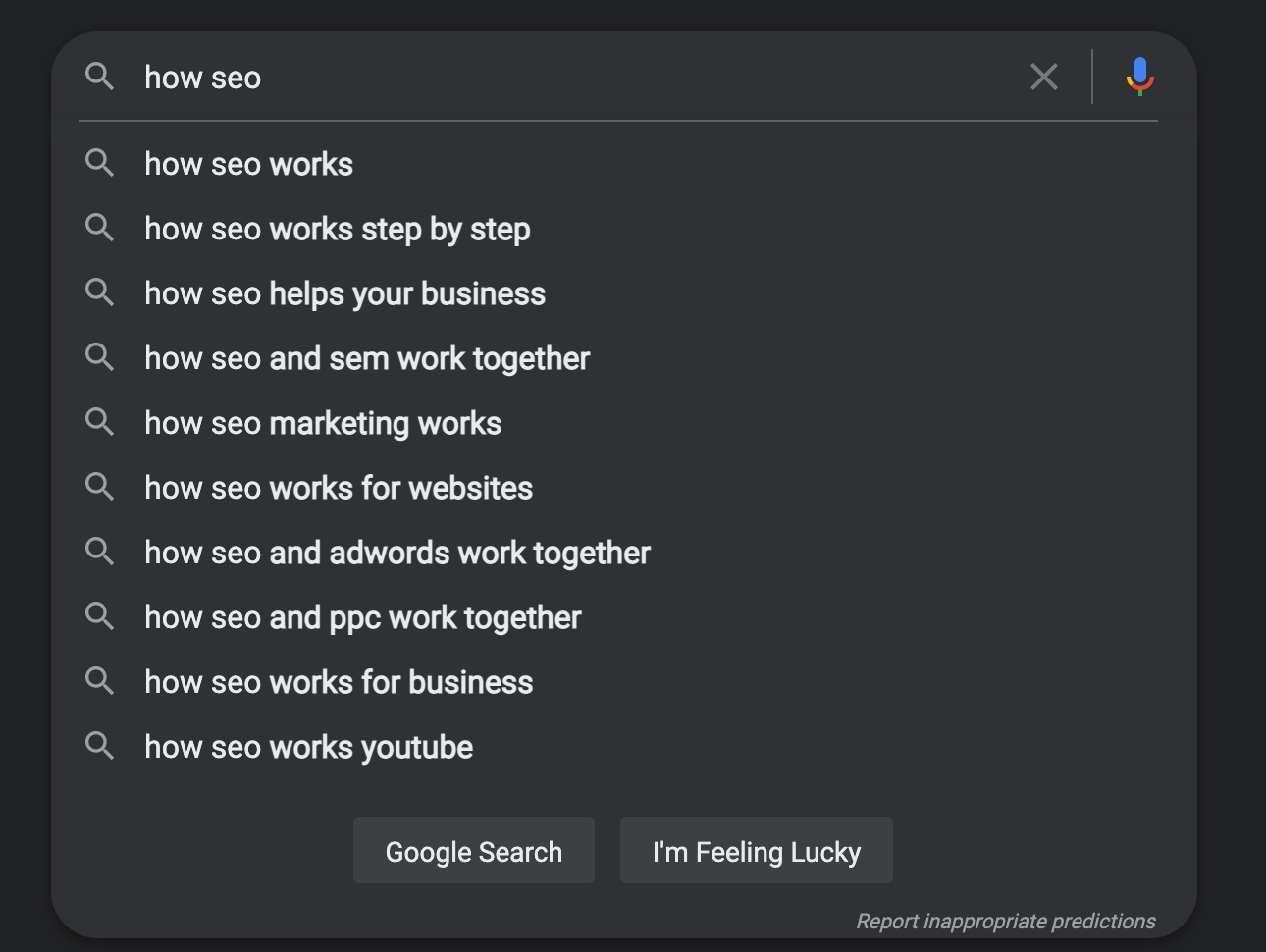 a screenshot of google with the search "how SEO." the suggested searches include "how SEO works step by step," "how SEO helps your business," "how SEO and SEM works together," and "how SEO and PPC work together."