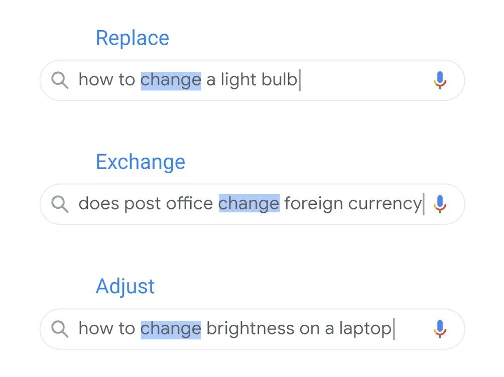 a screenshot of search showing three search queries: how to change a lightbulb, does post office change foreign currency, and how to change brightness on a laptop
