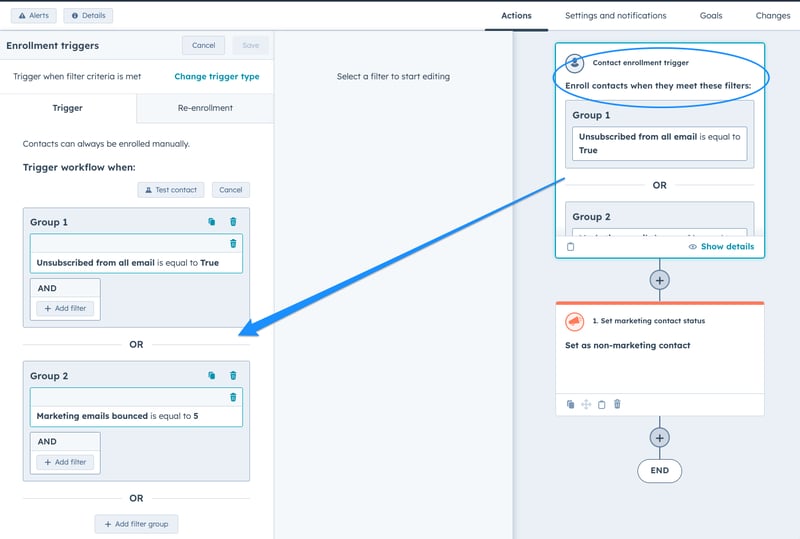 screenshot of a workflow to mark contacts as non-marketing contacts in hubspot