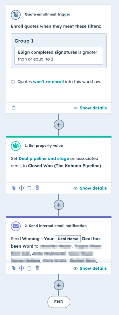 a screenshot of a workflow for a quote being signed