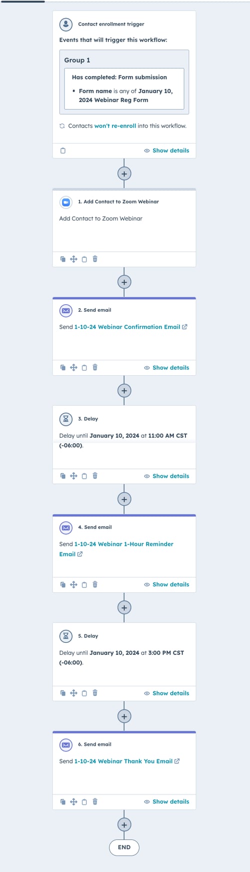 a screenshot of a sample workflow in HubSpot for a webinar registration