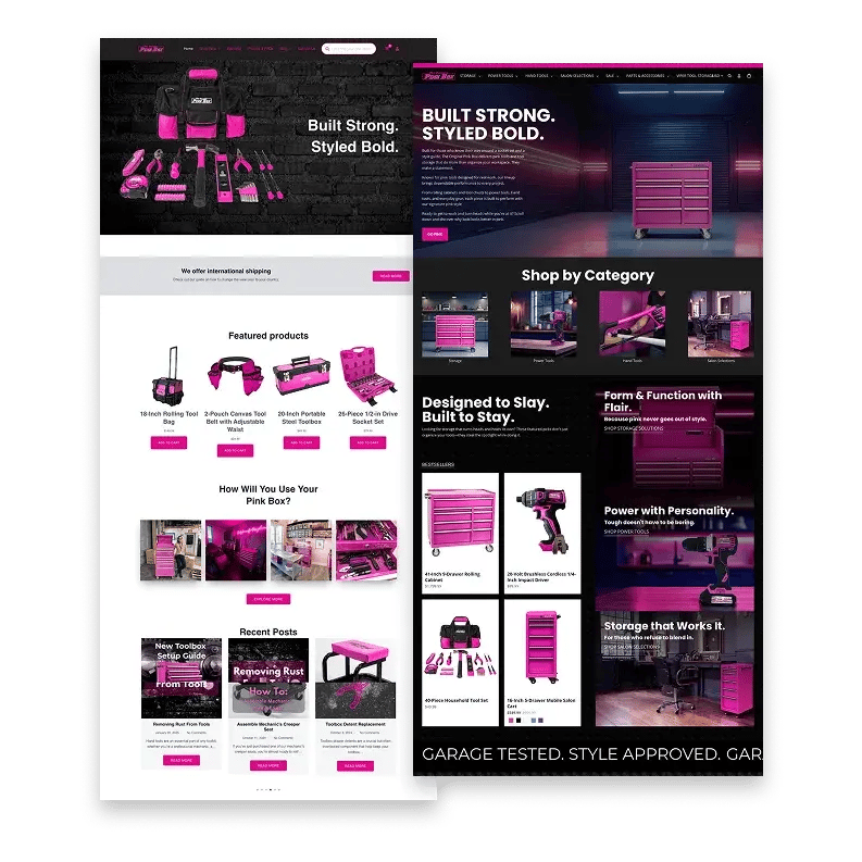 a side-by-side before and after of the pink box homepage