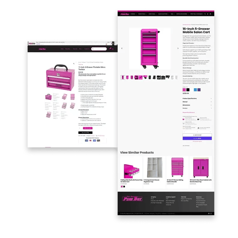 a side-by-side before and after of a pink box product page