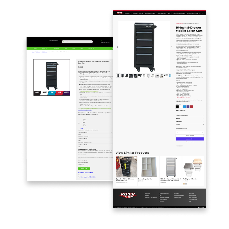 a side-by-side before and after of a viper tool product page