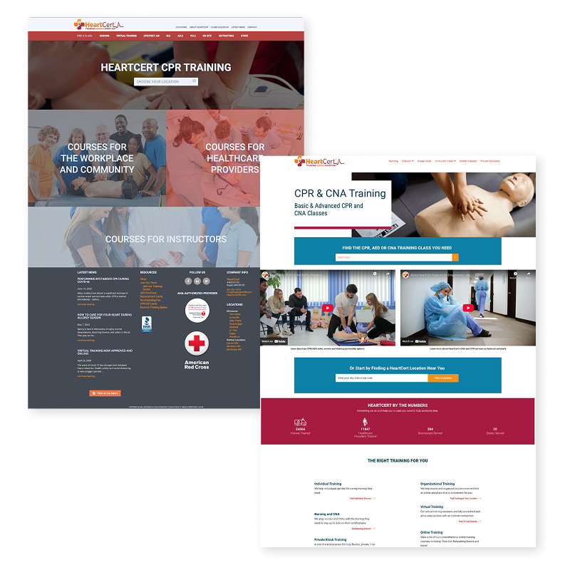 a side-by-side comparsion of the heartcert homepage before and after. Before is on the left, with the after on the right. the before is cluttered. the after is streamlined and easier to read.