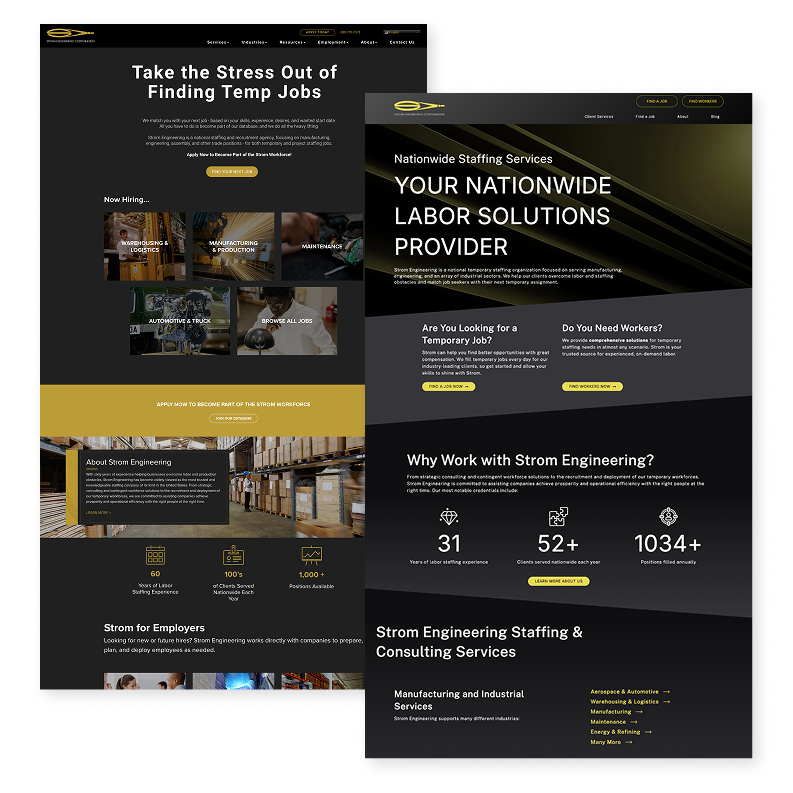 a side-by-side comparsion of the strom homepage before and after. Before is on the left, with the after on the right. the before is cluttered. the after is streamlined and easier to read.