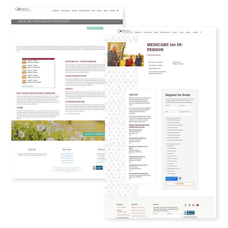 a side-by-side comparsion of the TCU events archive page before and after. Before is on the left, with the after on the right. the before is cluttered. the after is streamlined and easier to read.
