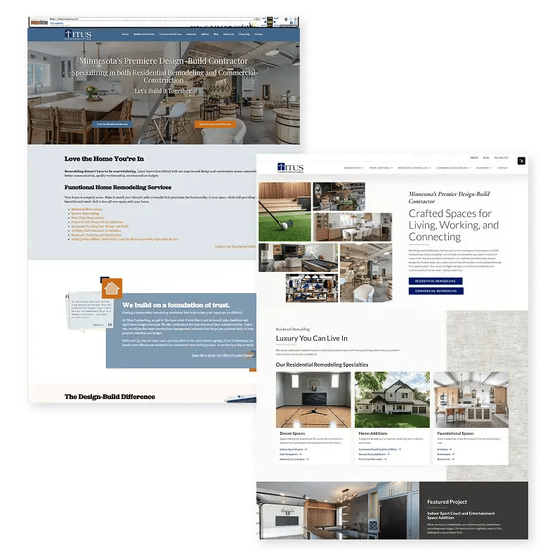 a before and after showcase of the Titus contracting website. the before version is difficult to read and outdated. the new version is clean, aesthetically pleasing, and mobile-friendly.
