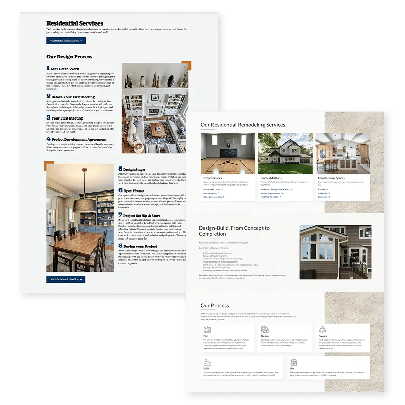 a before and after showcase of the Titus contracting website. the before version is difficult to read and outdated. the new version is clean, aesthetically pleasing, and mobile-friendly.