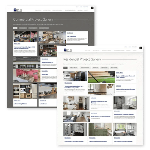 a showcase of the Titus website: commercial gallery and residential gallery pages