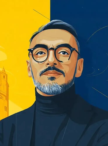Vector portrait of a middle-aged man with glasses and gray beard against a yellow and blue cityscape background.