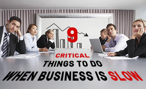 bored office workers in a board room with text overlaid that says "9 Critical Things To Do When Business is Slow"