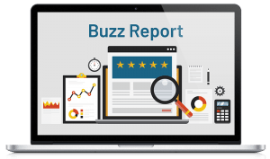 a computer screen showing websites, a magnifying glass and a calculator with text over the image that says "Buzz Report"