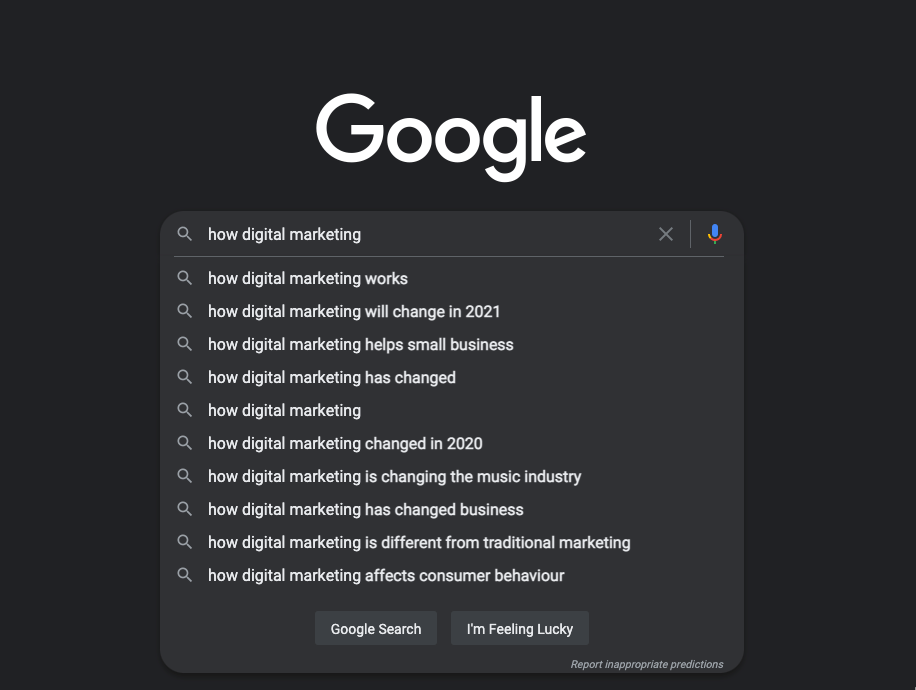 google predictive text for the phrase "how digital marketing"