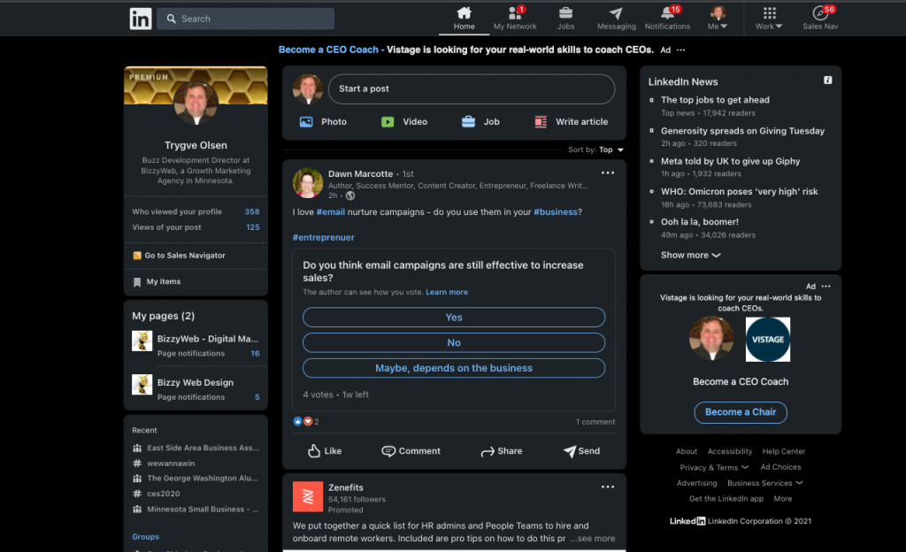a screenshot of LinkedIn dark mode on desktop