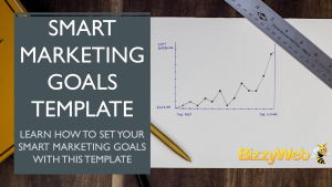 an illustrated graph: the y axis ranges from "sucking" to "not sucking" and the x-axis ranges from "the past" to the "future." Overlaid is text that says "SMART Marketing Goals Template: Learn how to set your SMART marketing goals with this template"
