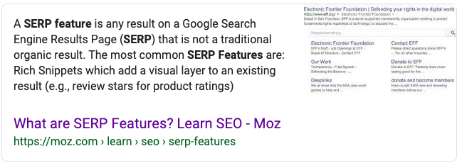 screenshot showing the featured snippets search results in Google; in this case, the featured snippet for the search term "what is a SERP feature?"