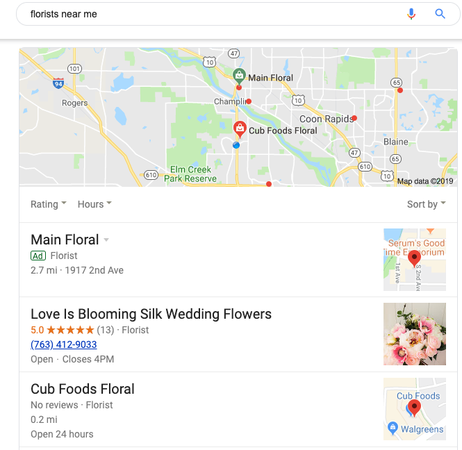 image showing the location pack search results in Google