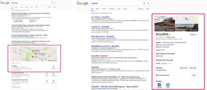 search results - google+ business page and google my business local listings