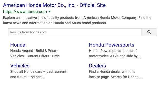 image showing the site link search results in Google