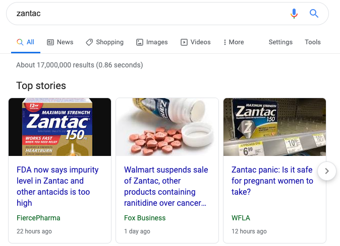 image showing the top stories search results in Google