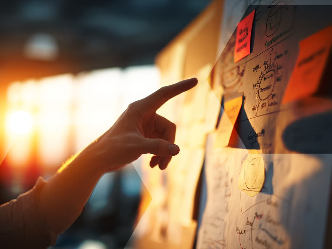 a person's hand pointing at a whiteboard with several post-it notes stuck on top. While we can't read any of the text, it's clear there's a lot of brainstorming happening.