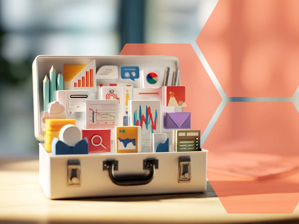 a collection of icons representing HubSpot graphs, charts, and tools inside of a suitcase.