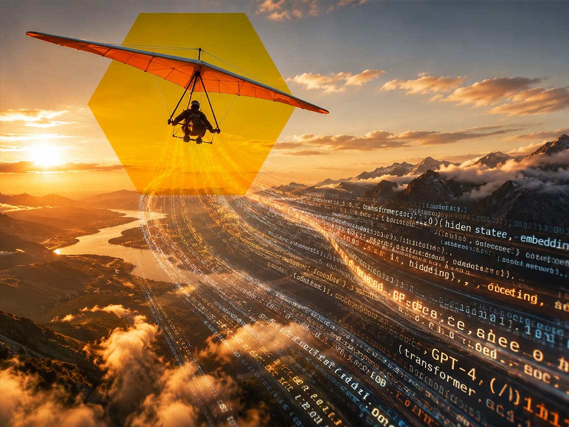 a person soaring above a skyline, leaving a trail of code behind them. representing breaking out, standing out, getting found online.