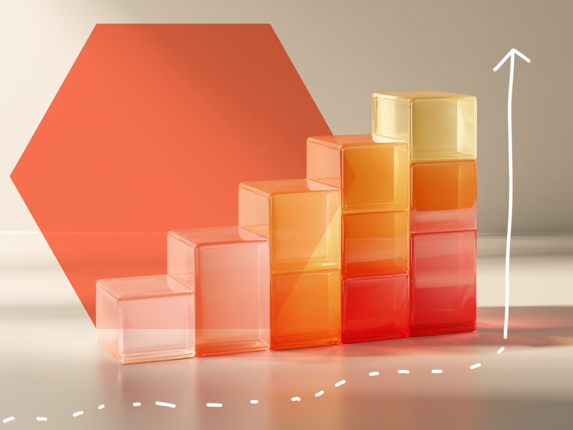 a row of shiny squares like a bar chart. behind them is a hexagon in the signature HubSpot orange.